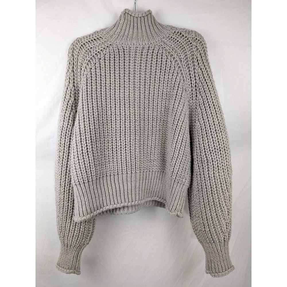 Ribbed Chunky Knit Wool Mock Neck Sweater Gray Size L Pullover Fisherman Relaxed